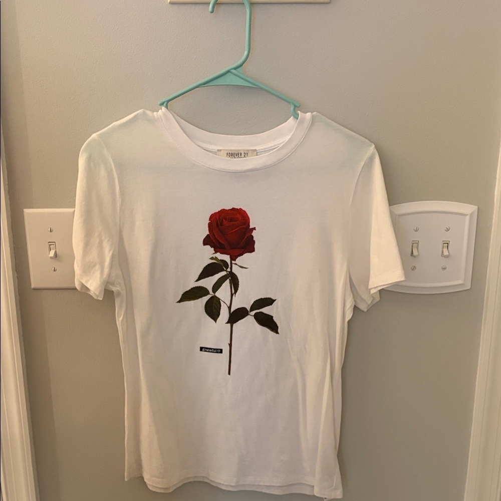 Forever 21 White Tee with Red Rose Print